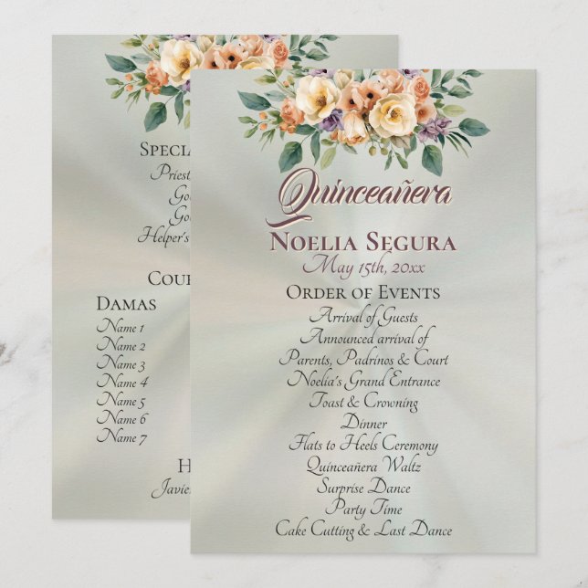 Programa Cream Floral Quinceanera Program - Pastel Sage (Anverso / Reverso)