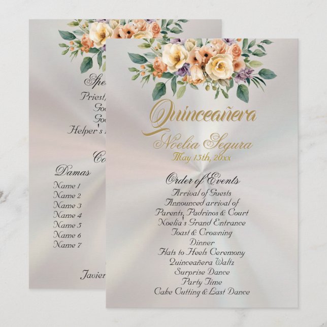 Programa Cream Floral Quinceanera Program - Pearl White (Anverso / Reverso)