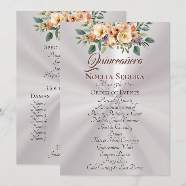 Programa Cream Floral Quinceanera Program - Pearl White (Anverso / Reverso)