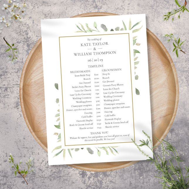 Programa Cronograma de bodas con vegetación en acuarela (Watercolor Greenery Wedding Schedule Timeline Program)