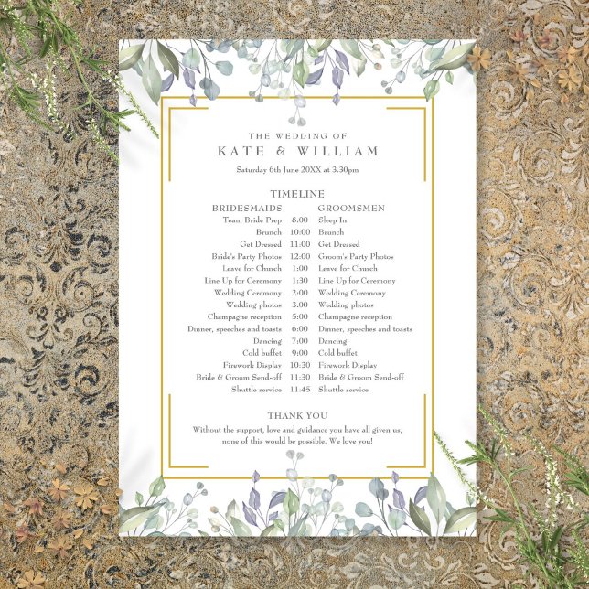 Programa Cronograma de bodas florales de vegetación (Greenery Floral Wedding Schedule Timeline Program)