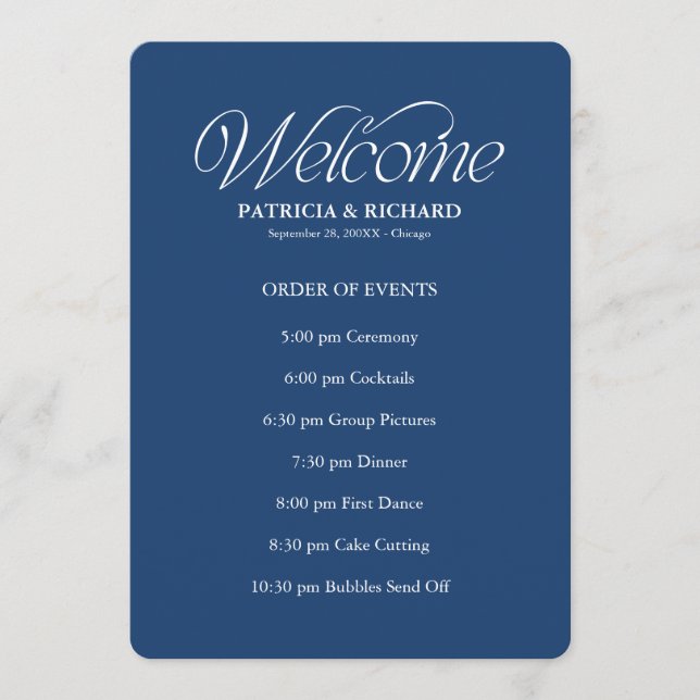 Programa Cronograma de Orden de Eventos de Boda Azul (Anverso)
