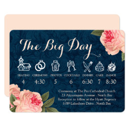 Programa Cronología de boda de peonías coral y azul marino