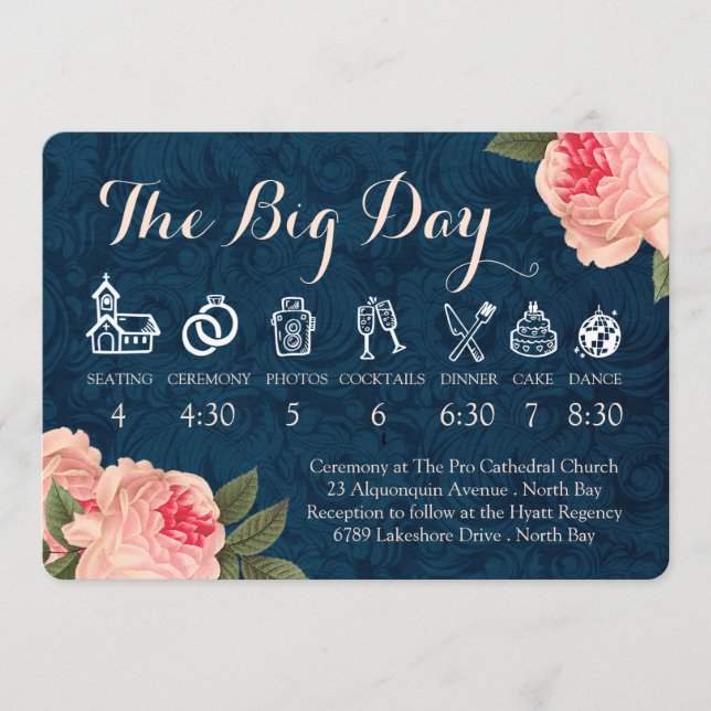 Programa Cronología de boda de peonías de coral y azul mari (Anverso)