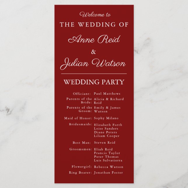 Programa Cronología de Boda Moderna Roja y Código QR de la  (Anverso)