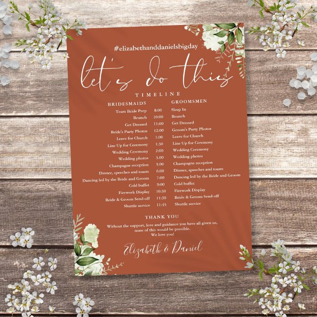 Programa Cronología de la boda de terracota y vegetación (Terracotta Greenery Wedding Schedule Timeline Program)
