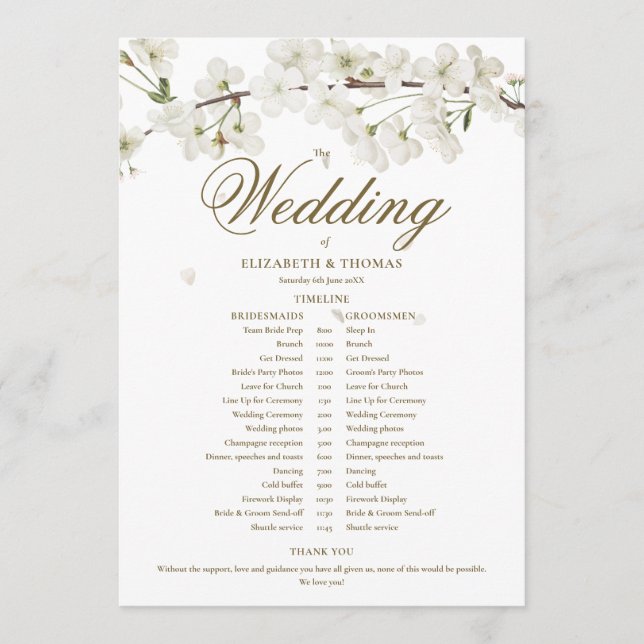 Programa Cronología de la boda floral de flor blanca (Anverso)