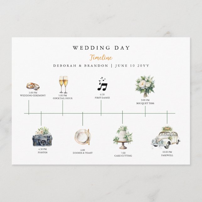 Programa Cronología de la boda ilustrada con acuarela (Anverso)