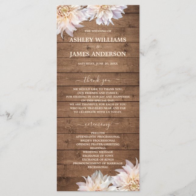 Programa Dahlia Pink Floral Rustic Wood Wedding (Anverso)