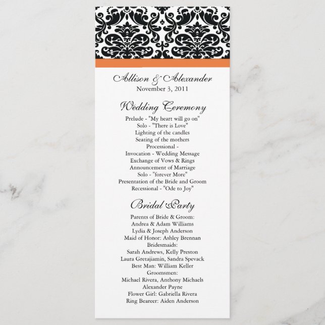 Programa Damask Wedding Program Black & Coral Rosa (Anverso)