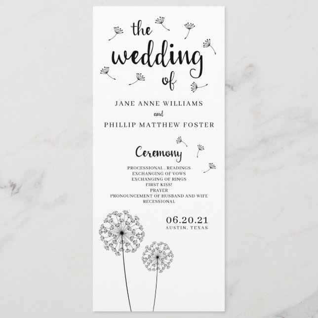 Programa Dandelion Rustic Wedding (Anverso)