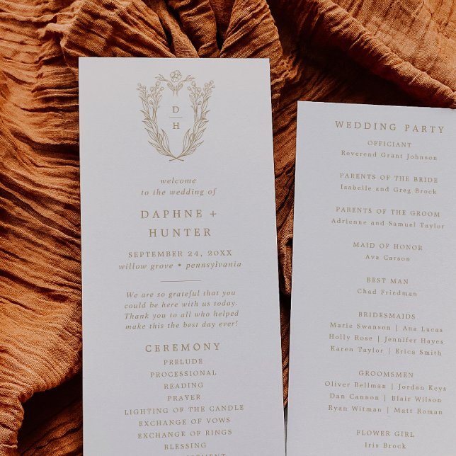 Programa DAPHNE Crema Botánica Boda Minimalista Oro (DAPHNE Botanical Cream Gold Minimalist Wedding Program)