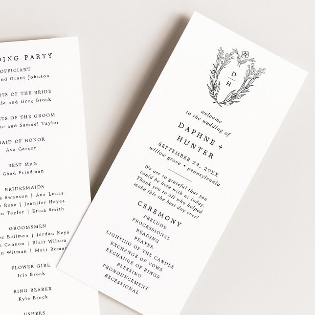 Programa DAPHNE Greenery Escudo blanco negro Boda Monograma (DAPHNE Greenery Black White Crest Monogram Wedding Program)