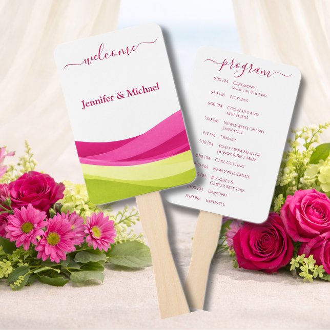 Programa de Abanico de Boda en Fucsia y Verde Lima (Fuchsia and Lime Green Wedding Fan Program)