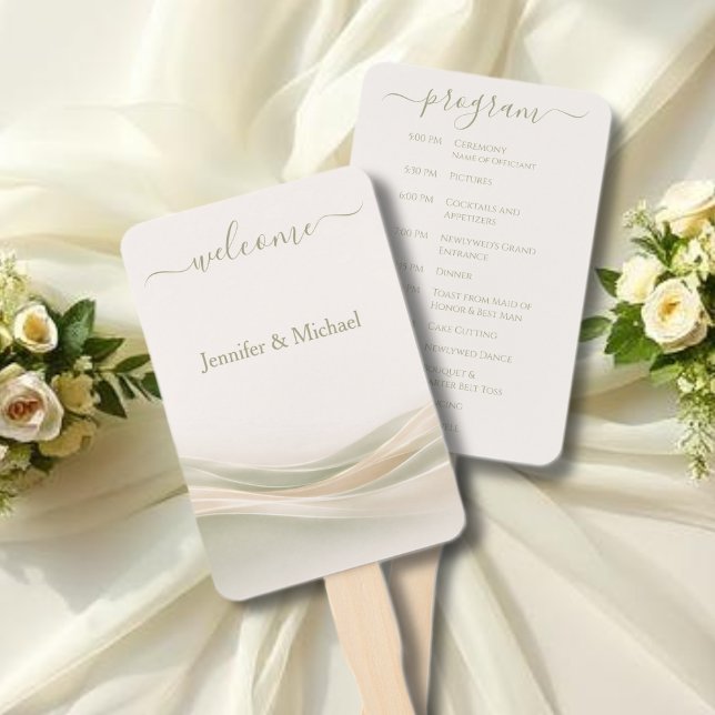 Programa de abanico de boda en verde salvia y marf (Sage Green Ivory Wedding Fan Program)
