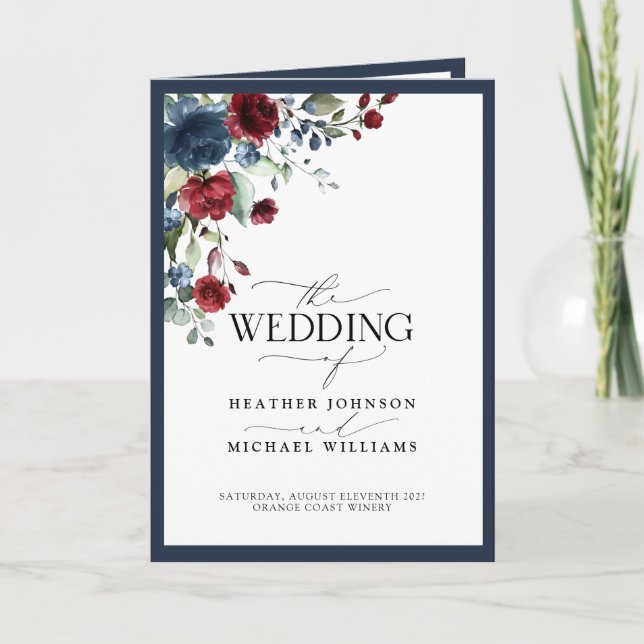 Programa de acuarela floral azul de borgoña de la  (Anverso)