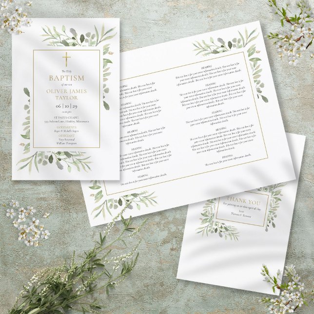 Programa de Bautizo Cruz Dorada Verde (Greenery Gold Cross Baptism Christening Program)
