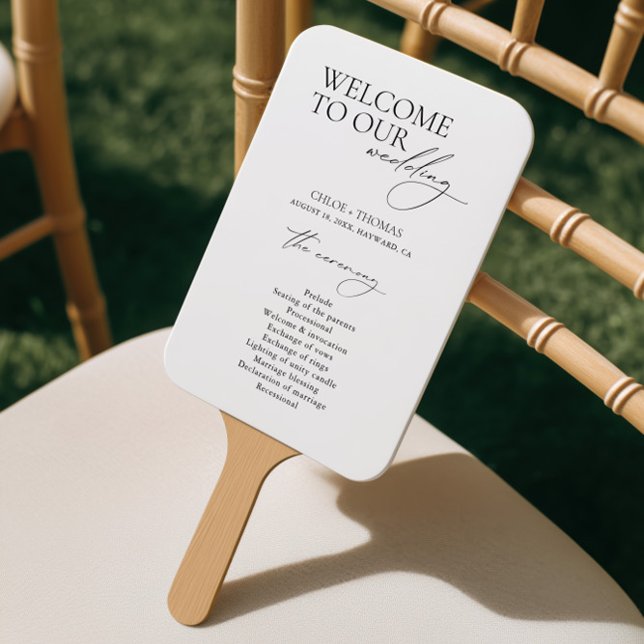 Programa de bienvenida de boda con abanico de mano (Black & White Welcome Wedding Program Hand Fan)