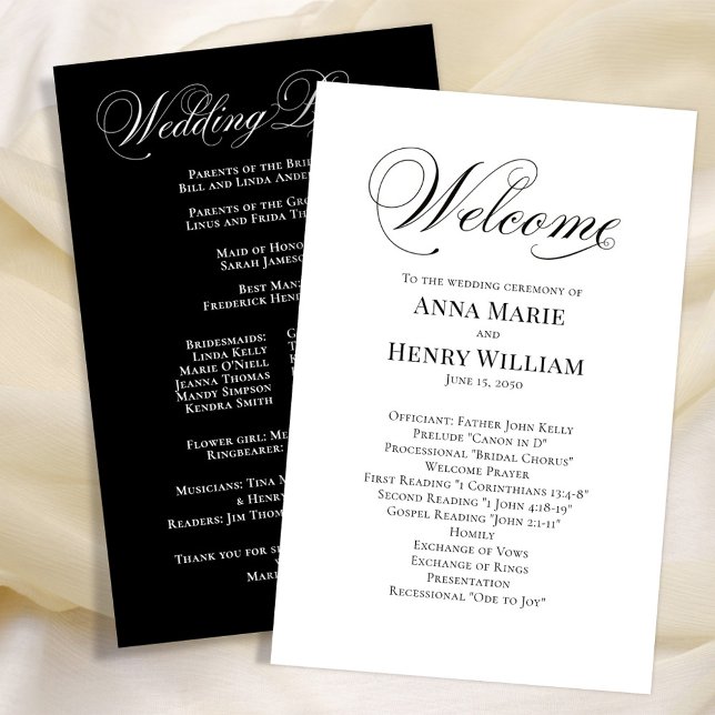 Programa de Bienvenida de Boda en Negro y Blanco c (Black and white wedding ceremony simple calligraphy script program.)