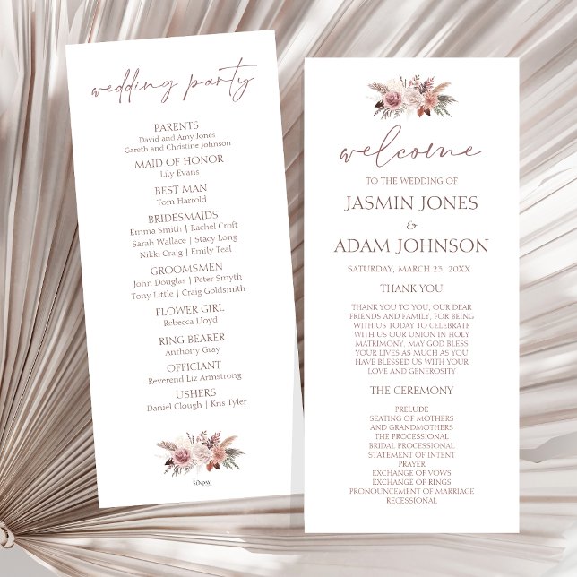 Programa de bienvenida para Bodas florales neutral (Boho Dusty Pink Dried Flowers Wedding Program)