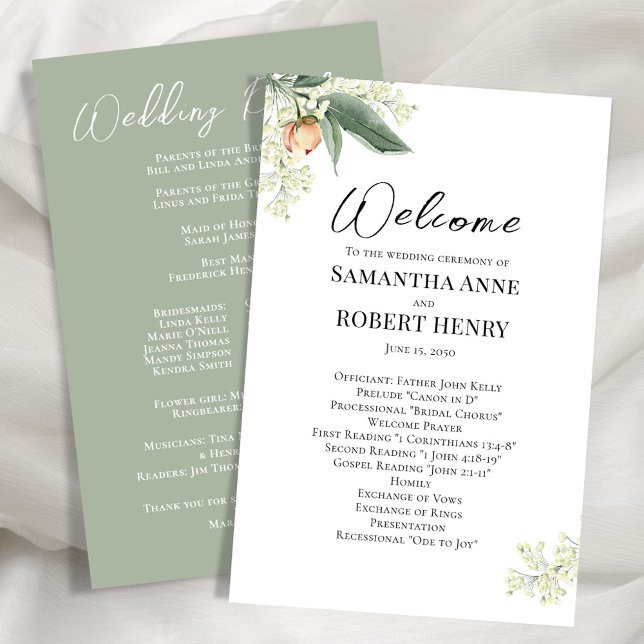 Programa de bienvenida para bodas Guión Verde Flor (Peach floral design with green background. )