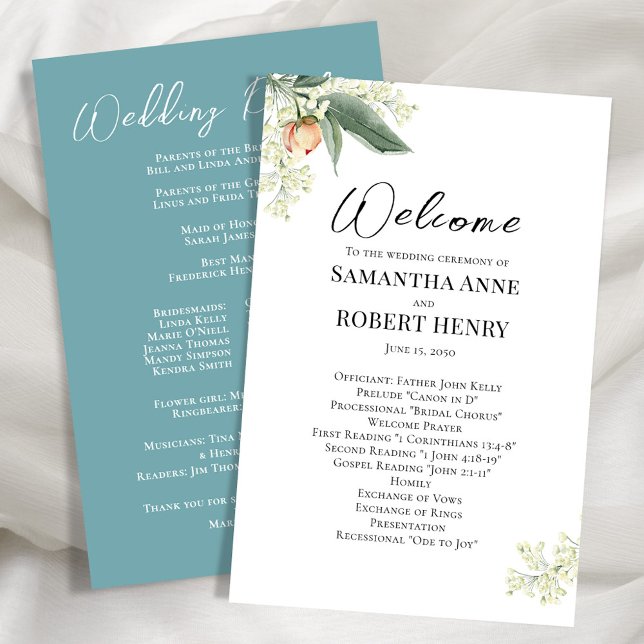 Programa de bienvenida para bodas Script de caligr (Peach floral design with blue background. )