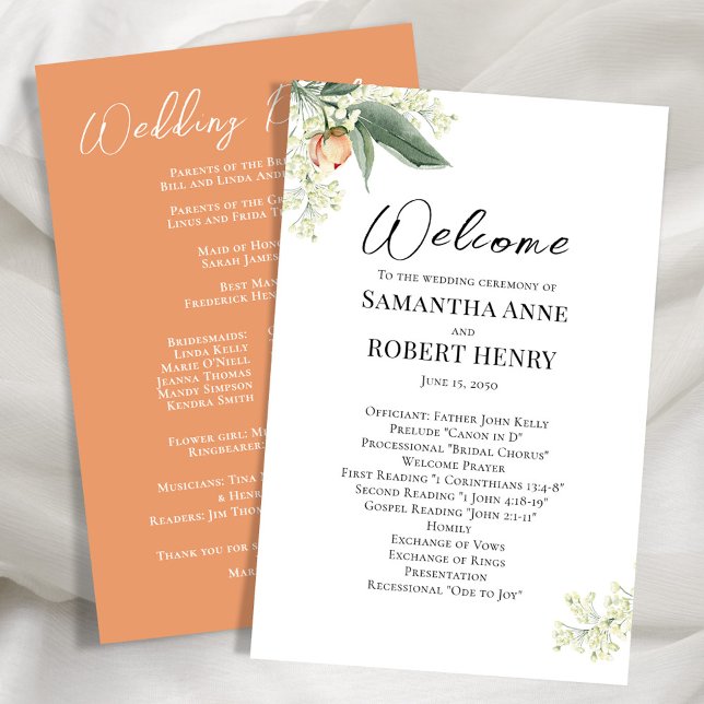 Programa de bienvenida para bodas Script de caligr (Wedding program with peach and floral design.)