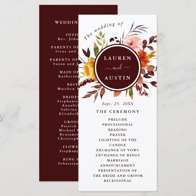 Programa de Boda Acuarela Burgundy Jardín de Otoño (Anverso / Reverso)