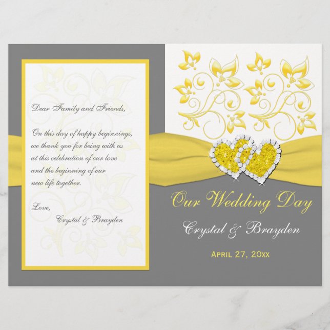 Programa de Boda Amarillo, Gris, Floral Blanca, Co (Anverso)