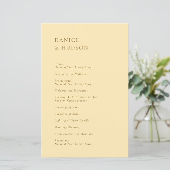 Programa de Boda Amarillo Mantequilla Minimalista  (Anverso de pie)