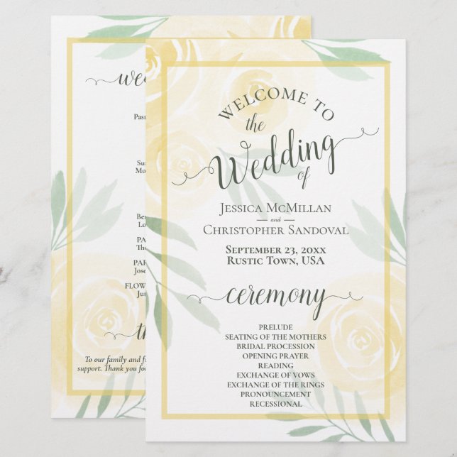 Programa de Boda Amarillo Mantequilla y Rosas Salv (Anverso / Reverso)