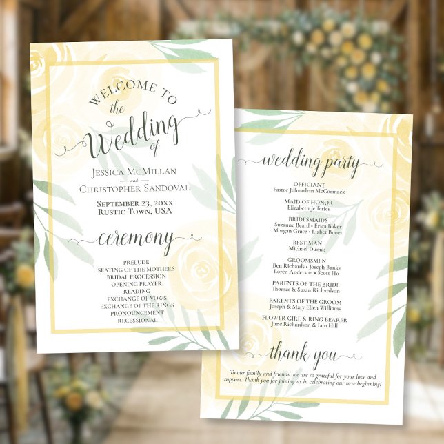 Programa de Boda Amarillo Mantequilla y Rosas Salv (Front/Back)