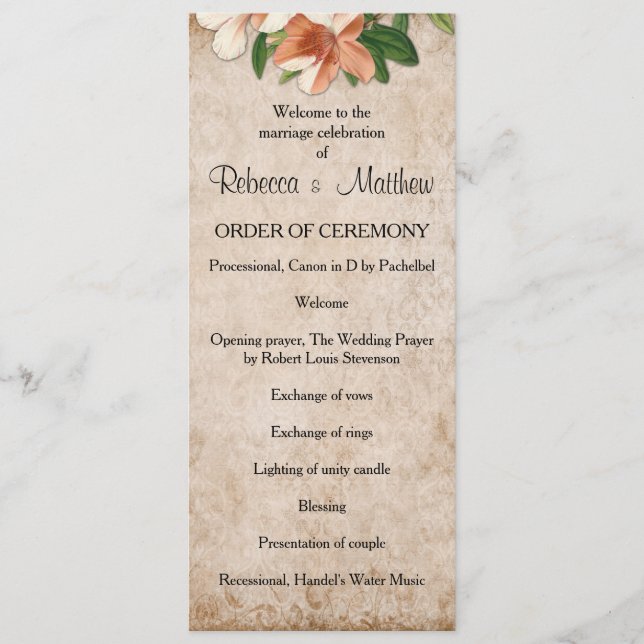 Programa de Boda Apricot Lilies Vintage (Anverso)