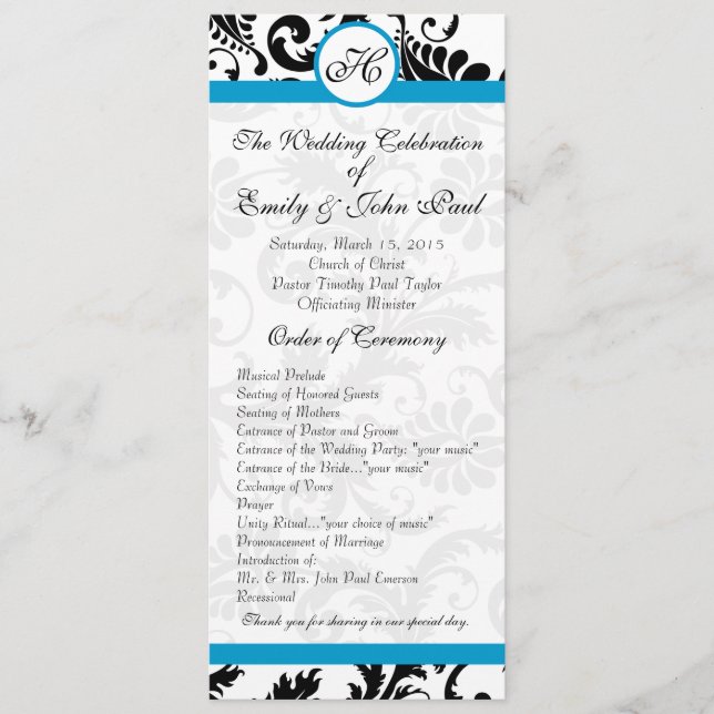 Programa de Boda Aqua Trim Black Damask (Anverso)