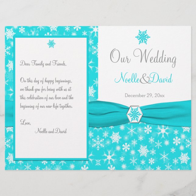 Programa de Boda Aqua, White, Gray Snowflakes (Anverso)