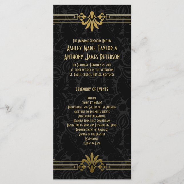 Programa de Boda Art Deco de Black Gold Roaring 20 (Anverso)