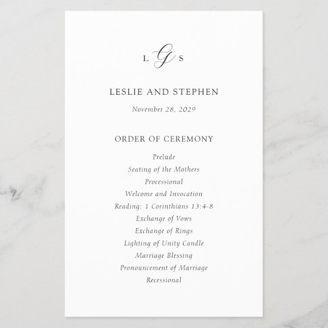 Programa de Boda atemporal en Blanco y Negro con P (Frente)
