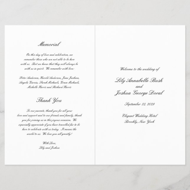 Programa de Boda atemporal y económico en Blanco y (Frente)