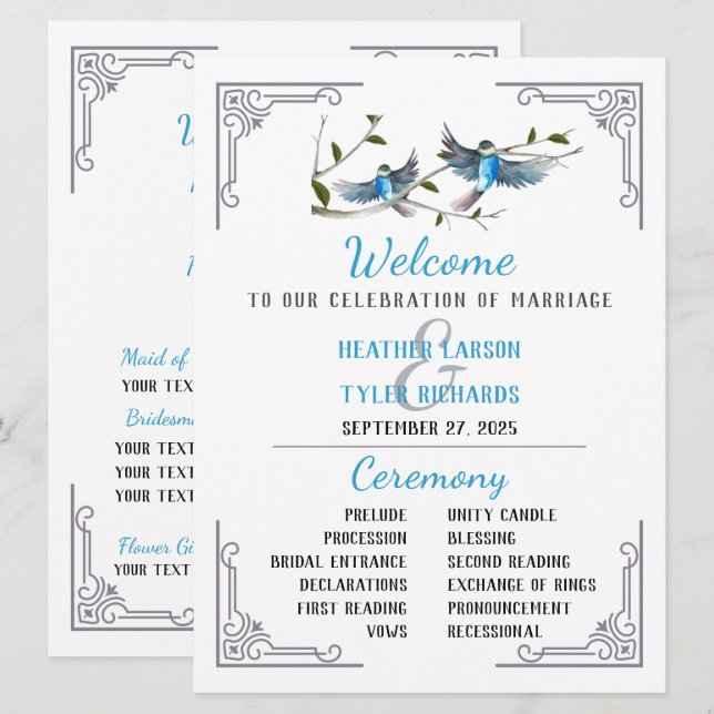 Programa de Boda Azul Ave de la Felicidad (Anverso / Reverso)