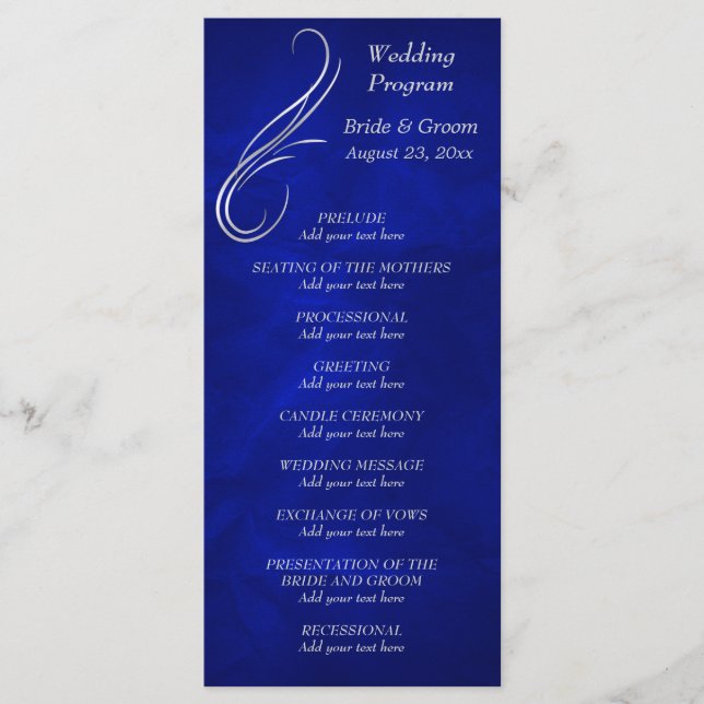 Programa de Boda Azul Brillante Plateado (Anverso)