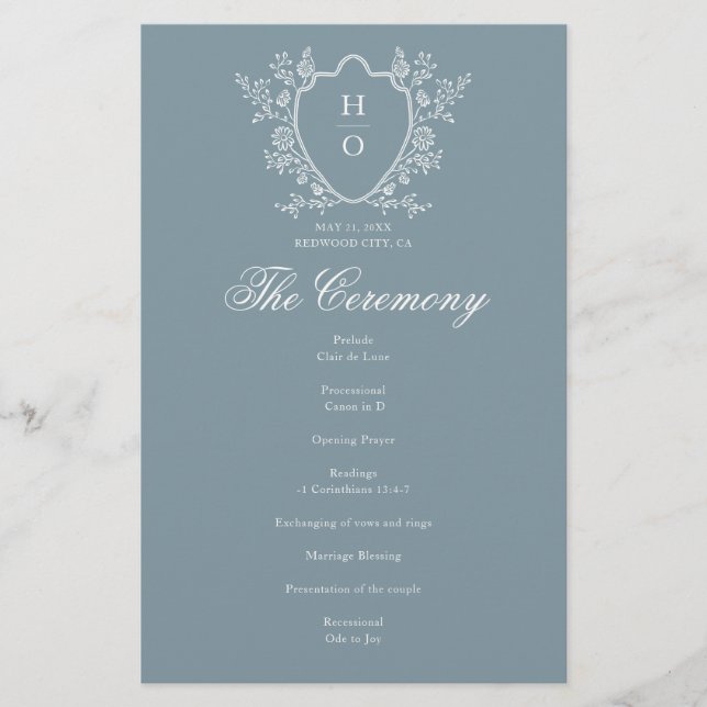 Programa de Boda Azul Caprichoso con Cresta Floral (Anverso)