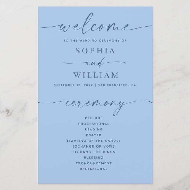 Programa de Boda Azul Cielo Pastel | Ceremonia Cos (Anverso)