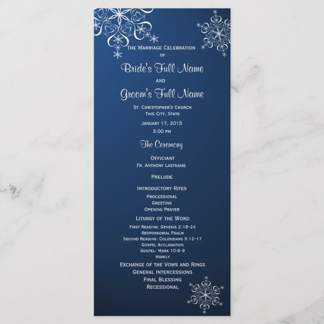 Programa de Boda Azul de Copo de Nieve de Invierno (Anverso)