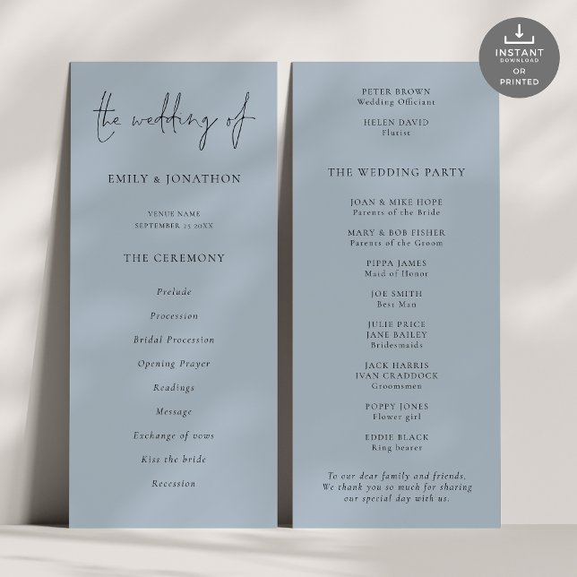 Programa de Boda Azul Dusty con guión moderno (Front and back view)