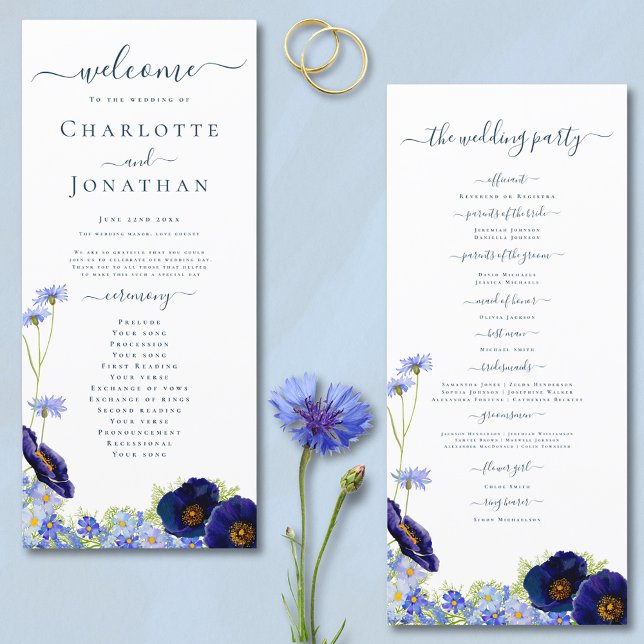 Programa de Boda Azul Flora Silvestre (Elegant blue wildflower summer floral day of the wedding programme with stylish typography script )