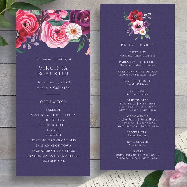 Programa de Boda Azul Marino Floral (Watercolor Floral Navy Blue Wedding Program by Painted Paperie
)