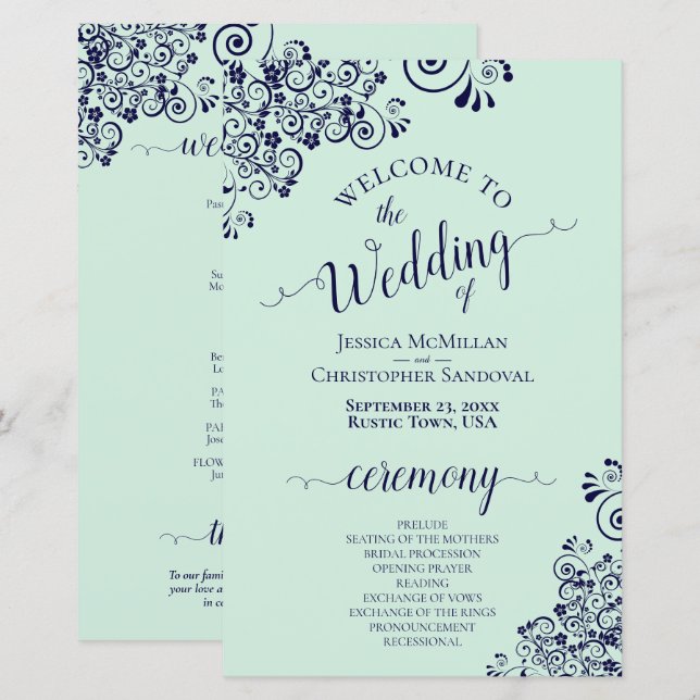 Programa de Boda Azul Marino y Verde Menta PRESUPU (Anverso / Reverso)