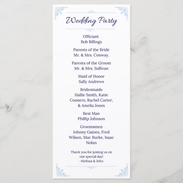 Programa de Boda Azul Moderno Francés Campo (Reverso)
