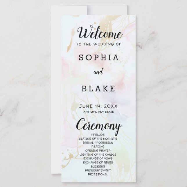 Programa de boda azul rosa blanca de mármol modern (Anverso)