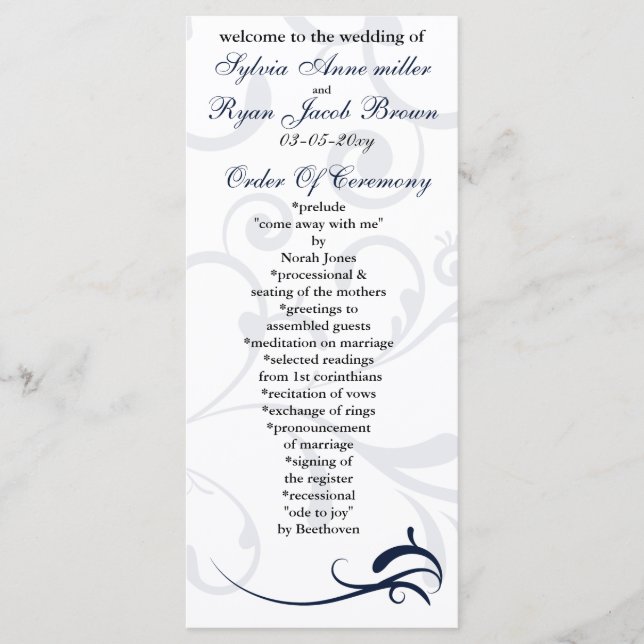 programa de boda azul y blanca Tarjeta para rack (Anverso)